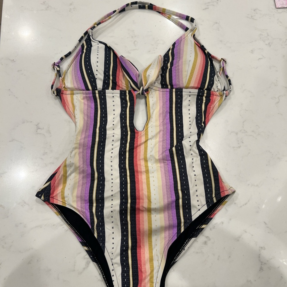 Rip Curl Striped Halter One-Piece Swimsuit in Black, White, Pink, Yellow